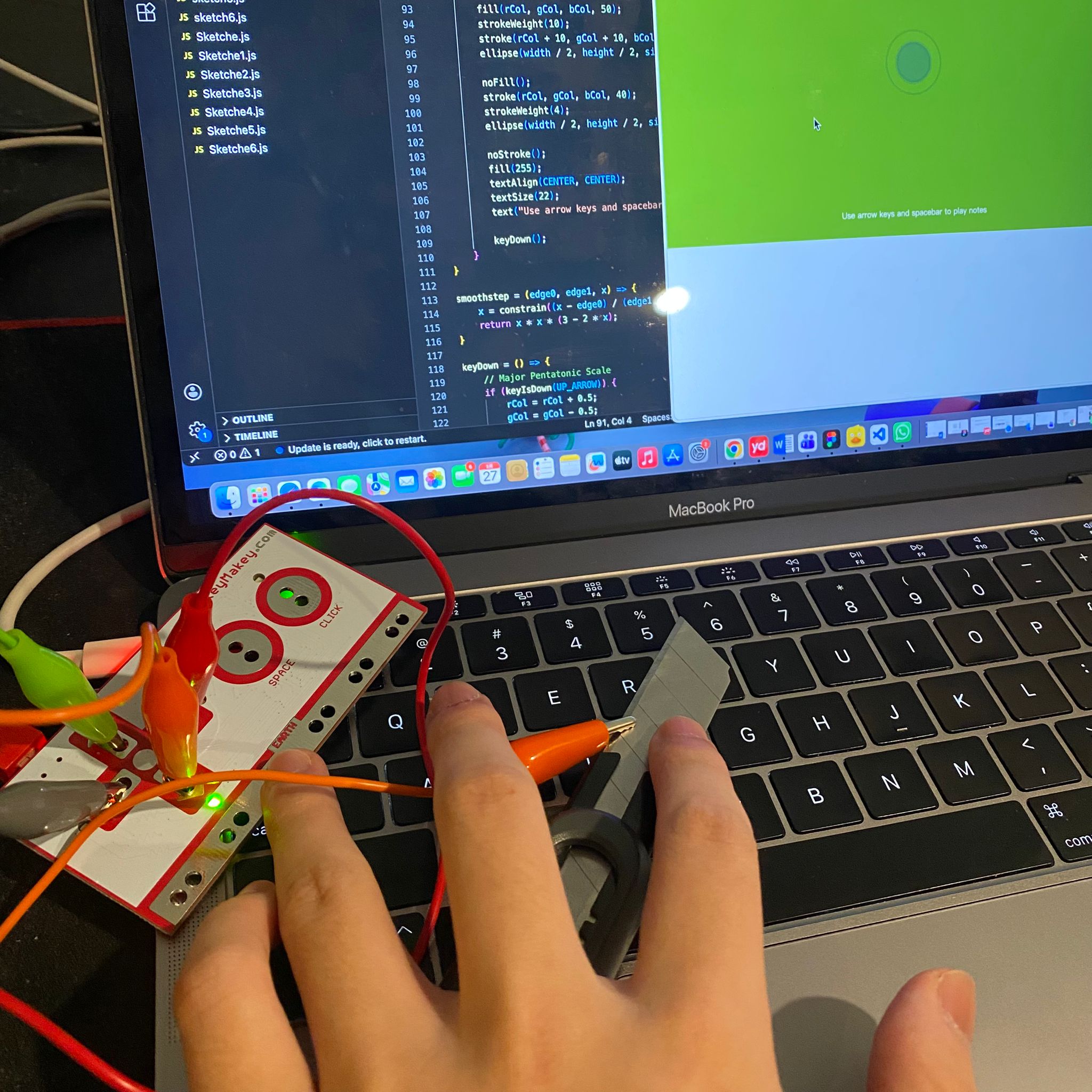 Try using a utility knife as a conductor to link the Makey Makey to trigger the effects of P5js.