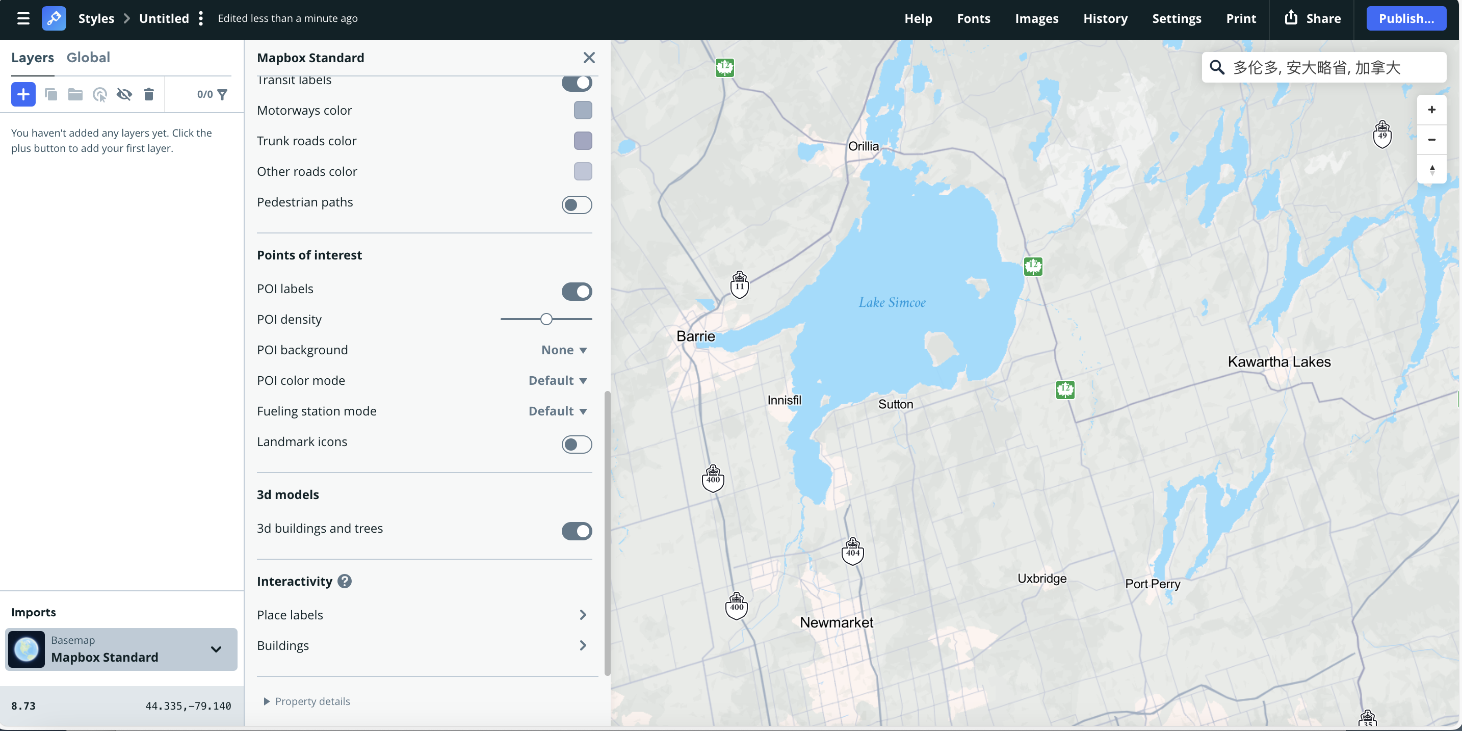 This style introduces POI options like POI density and landmark icons, making it slightly more informative. The tone is cooler with lighter water and muted land colors—useful for suburban or semi-rural mapping.