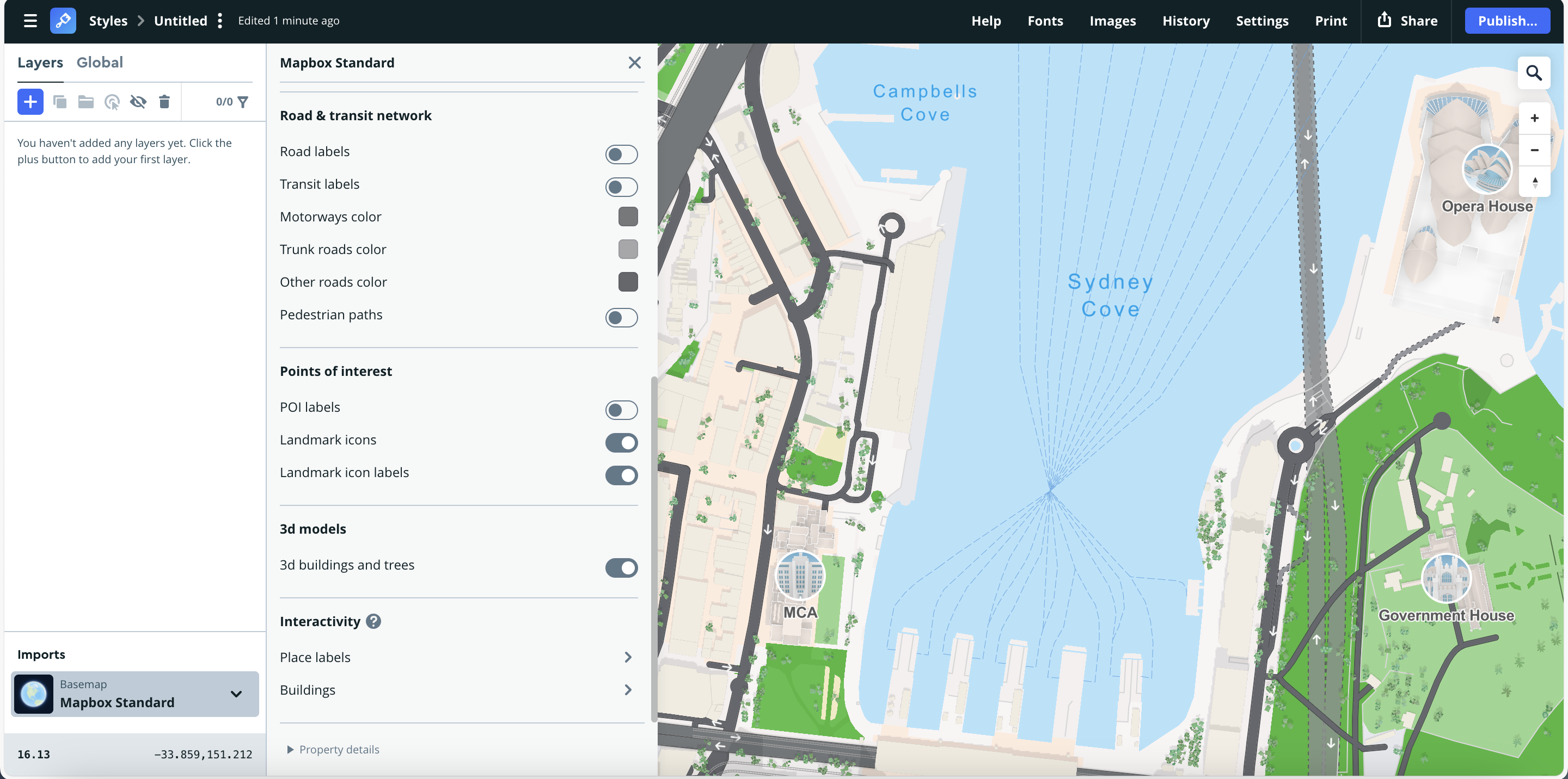 This configuration enables 3D buildings and trees, plus landmark icons like the Sydney Opera House. It’s highly detailed and visually rich, combining strong contrast between roads, land, and water for maximum readability.