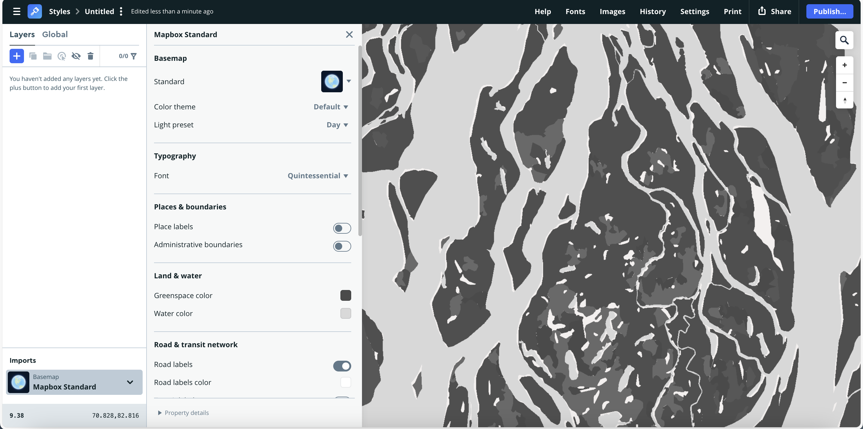 A bold, high-contrast rendering with dark land masses and pale water. Minimal labeling enhances abstract readability—great for pattern or density visualization.
