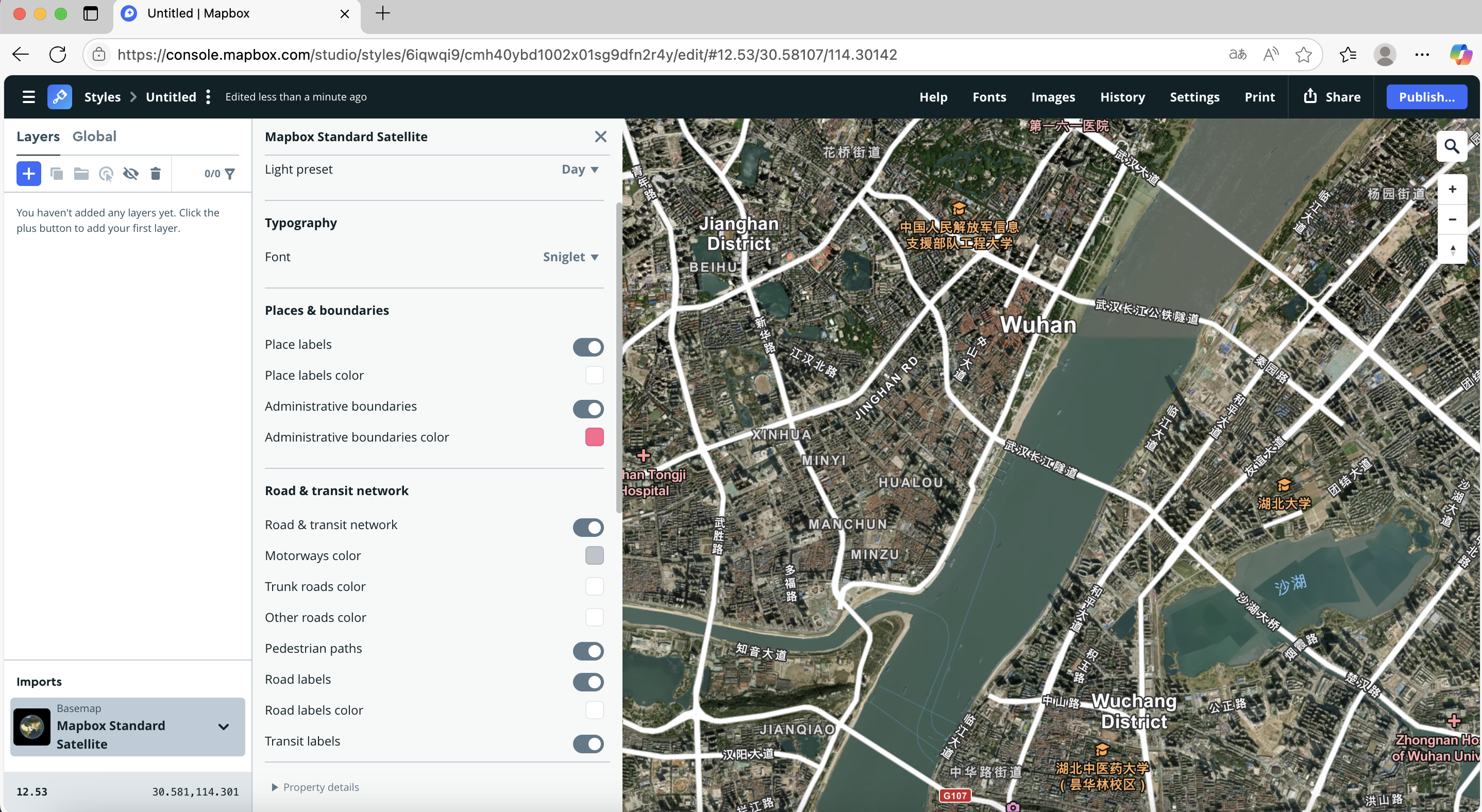 The Sniglet font adds a friendly, rounded style to a dense urban satellite view. White vector roads contrast strongly with real imagery for clear visual navigation.
