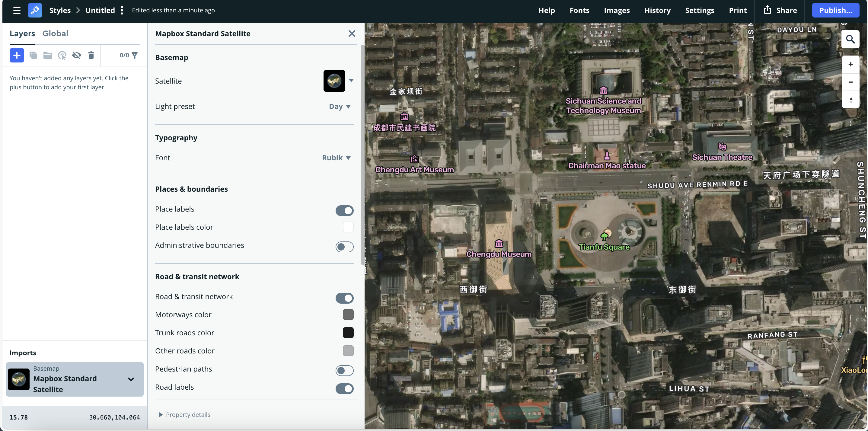 A detailed downtown satellite image with cultural landmarks labeled in purple, such as the Sichuan Museum and Tianfu Square. Balances realism and clarity—perfect for urban heritage or planning analysis.